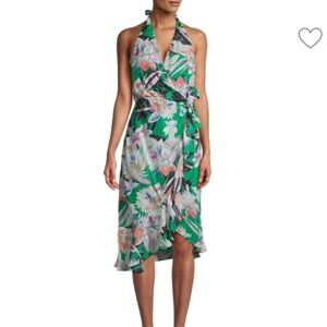 Parker Addie Floral
Halter, Front Faux Wrap Tie Skirt Green Midi Dress, size 8